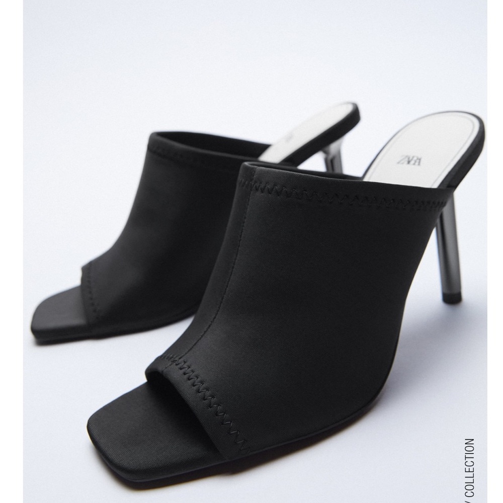 Zara Black Neoprene Peep Toe Mules